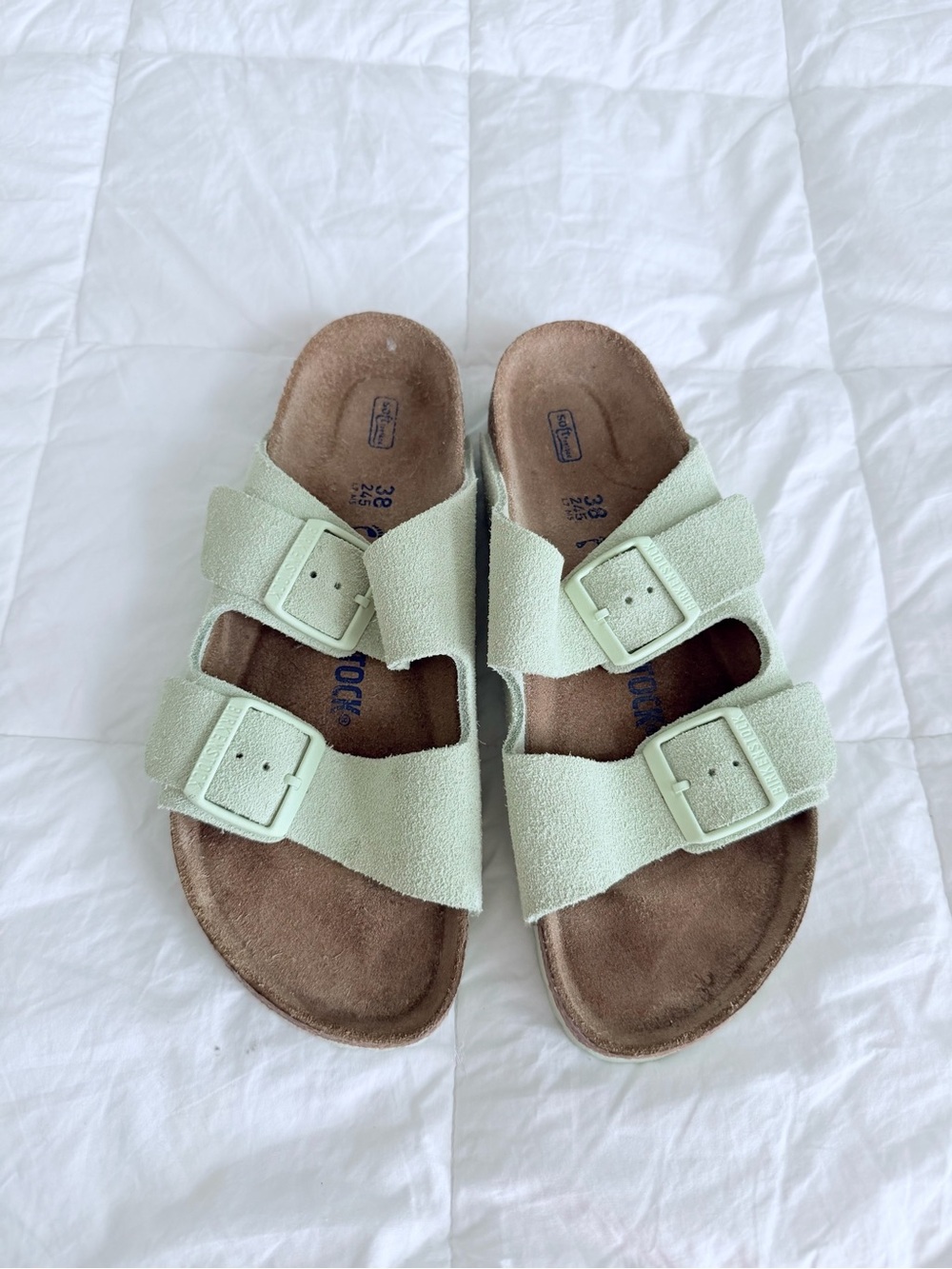 Birkenstock Double-Buckle Sandals in Mint Green Suede